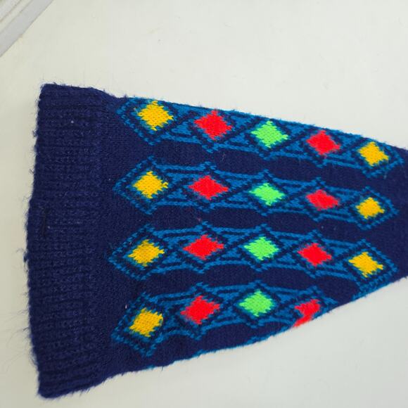 Vintage Jester Winter Stocking Cap Beanie Geometric Navy Yellow Red Green 22" L - Picture 8 of 9